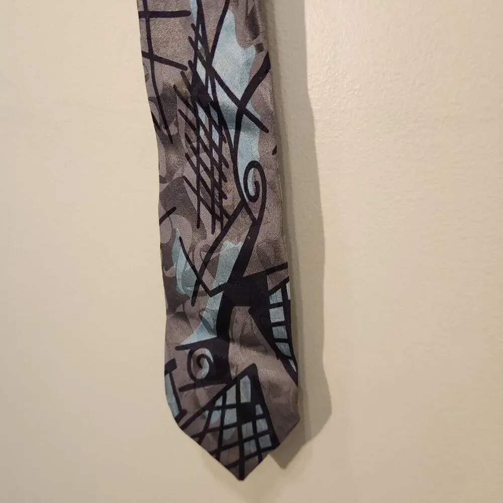 Vintage Screenplay Martin Wong Silk Tie Abstract Retro Bold Classic Grey Blue